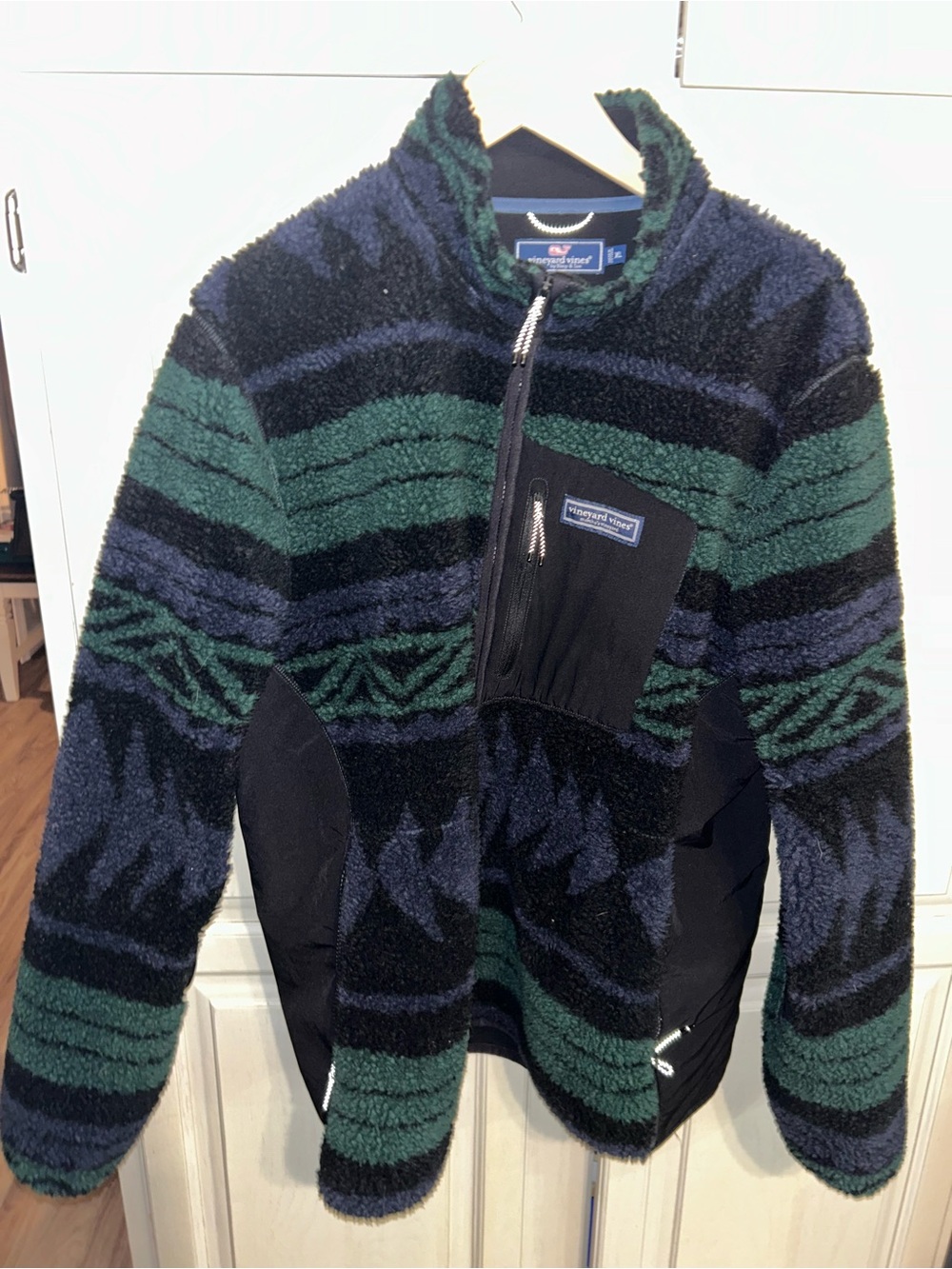 Vineyard Vines Jacket Men XL Blue Green Sherpa Fleece Full Zip Striped Aztec